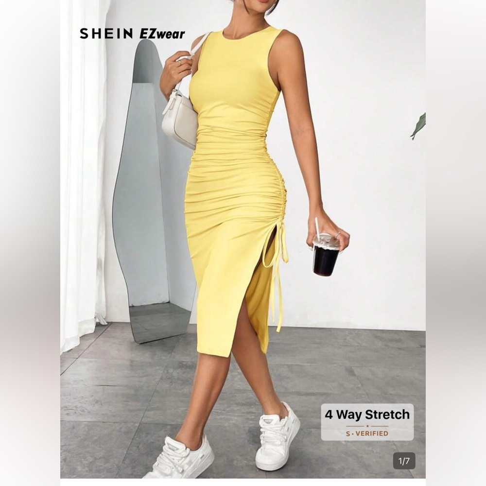 SHEIN Bright Yellow Ruched Side-Slit Midi Dress